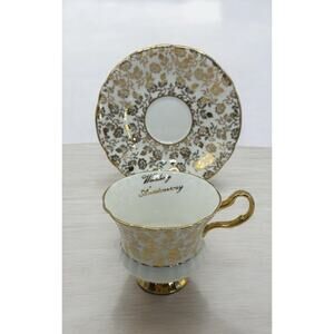 Royal Windsor "Wedding Anniversary" Porcelain Cup & Saucer White Gold Roses 1950
